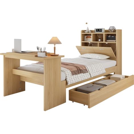 CHICFURN Lit enfant 90x200 avec rangement, étagère de tête, grand tiroir latéral réversible et table pliante réglable, lit 1 place en bois clair (1/5)