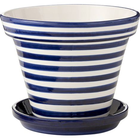 Cache pot en céramique rayé bleu fait main avec soucoupe - Bleu cobalt rayé blanc (1/3)