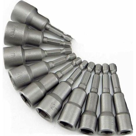 10 x Douille Magnétique pour Visseuse, Adaptateur Embout, Mandrin Pans Carré Hexagonal 6-19mm 1/4” Nut Driver Drill Bit (1/5)