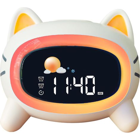 Réveil Enfant éducatif Jour/Nuit avec 2 Réveils Alarmes - Mode Weed-End - Veilleuse - Son de Sommeil - Rechargeable avec Secteur pour Enfant Fille Garçon