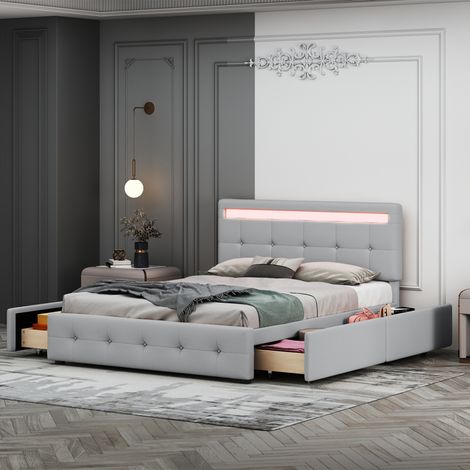 Cama doble 140x200cm con LED mando a distancia 4 cajones tapizado lino color gris (Sin colchón)