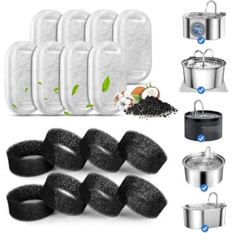 Paquete de 16 filtros para bebederos de mascotas, Cuenco de agua para gatos y perros, 8 elementos filtrantes + 8 algodones negros (1/5)