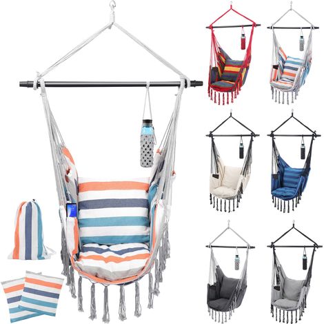 MIADOMODO® Sedia Amaca - con Cuscino, a Dondolo, Appesa, Carico150 kg, da Interno, Pastello Multicolore - Poltrona Sospesa, Altalena, Macrame, Hammock, da Esterno, Giardino, Camera (1/5)