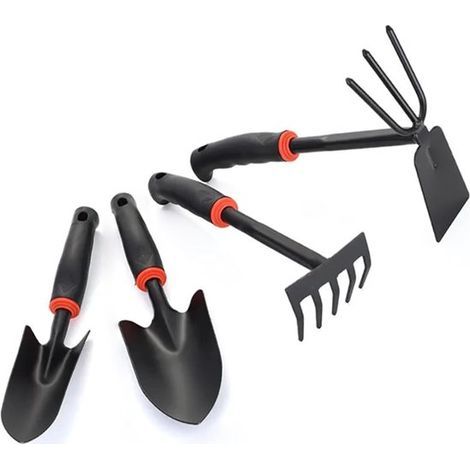 Four-piece gardening tool set - Stainless steel - Rubber handle - For digging and planting - Includes rake and hoe - Easy to store - Gardening tools (1/5)