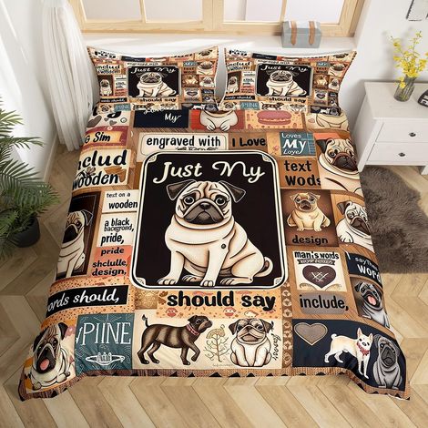 Parure de lit 135 x 200 cm - Motif chien carlin - Housse de couette pour les amoureux des chiens - Motif pattes de chien - Housse de couette - Pour enfants et adolescents (1/5)