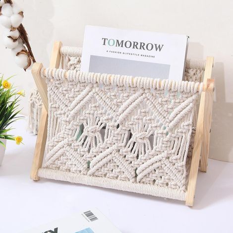 Porte-revues en corde de coton avec rideau de porte, étagère de rangement en bois, porte-revues créatif, livres de bureau, porte-journaux, porte-revues (couleur : beige) (1/5)