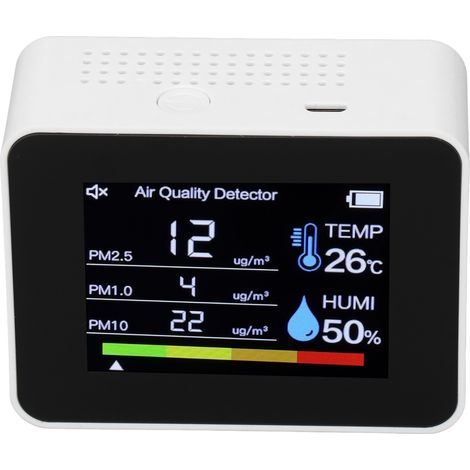 CO₂-, HCHO-, TVOC-, PM₂.₅- und PM₁.₀-Luftqualitätsdetektor, Temperatur- und Feuchtigkeitsmessung, Schwerkraftsensor, Weiß (1/5)