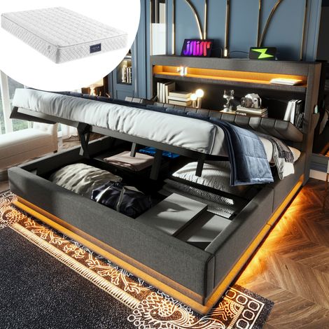 Letto matrimoniale contenitore LED USB lino grigio 160x200 DESVIAE (1/5)