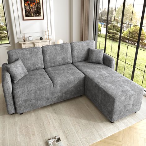Canapé d'angle L 3 places avec méridienne 144 cm, chenille gris, REDOM (1/5)