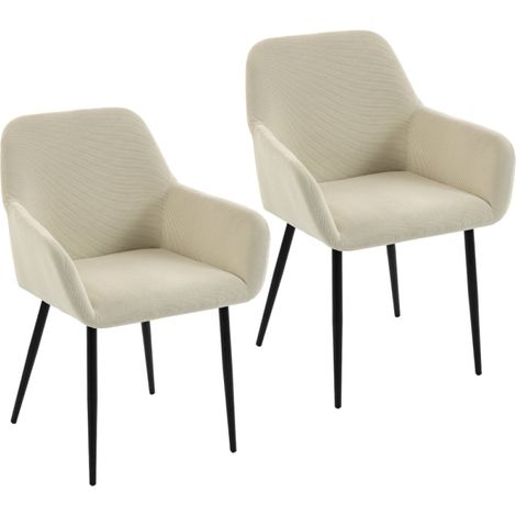 Montage facile - Lot de 2 chaises de salle à manger avec accoudoirs, assise rembourrée en velours côtelé blanc crème (1/5)
