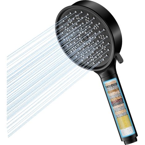 Pommeau de douche avec Filtre, Économe en Eau, Eau Dure avec Filtration en 20 Couches, 6 Types De Jet Haute Pression avec Filtre Anti-Calcaire (Noire) (1/5)