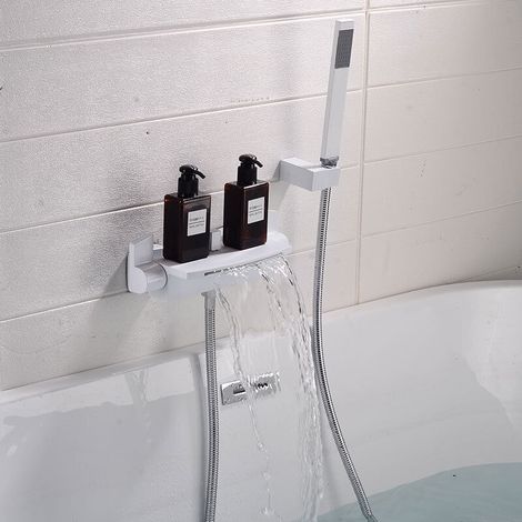 Wandmontierte Badewannenarmatur aus weißem Kupfer, Wasserfall-Badewannenmischer, Warm- und Kaltwasser-Duschkopf, 1-teilig (1/4)