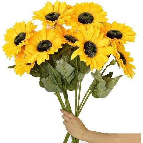 6PCS Grandes fleurs artificielles tournesols avec longue tige Faux tournesols en soie Décoration en vrac pour la maison le mariage l'extérieur (1/4)