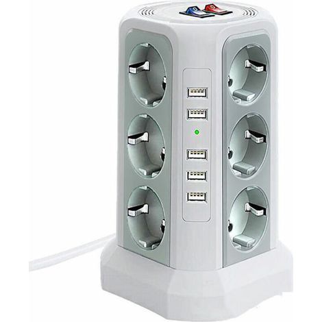 Multiprise tour parafoudre 12 prises CA et 5 ports USB – Protection 1500 J – 2 m câble – 3 interrupteurs indépendants – Blanc et gris argenté (1/4)