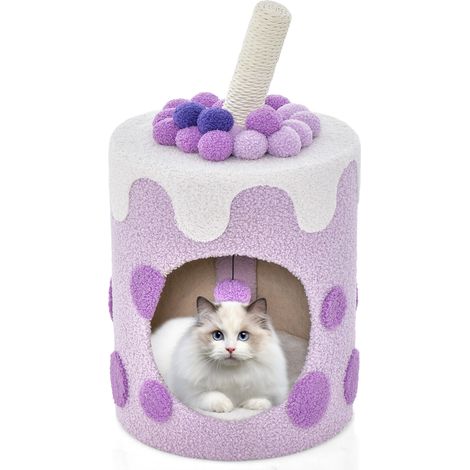 Arbre à chat avec griffoir rotatif 360°, maison douce en tissu teddy, coussin lavable, pour chaton à la maison (1/5)