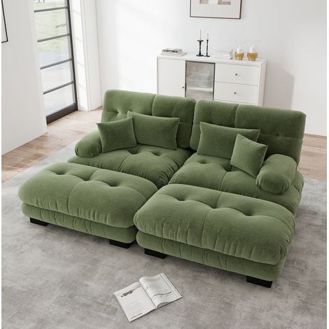 Divano angolare modulare in ciniglia verde con 2 cuscini lombari e 2 cuscini decorativi (1/5)