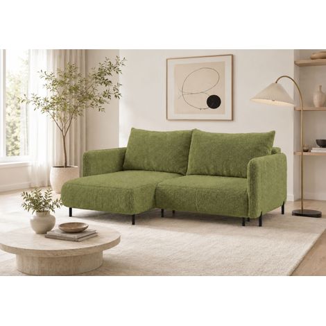Divano angolare reversibile 3 posti FONII L con funzione letto, rivestito in tessuto teddy bouclé verde bottiglia (1/5)