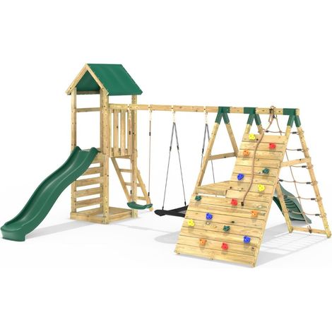 Rebo Wooden Climbing Frame with Swings, 6+8FT Slides & Climbing Wall