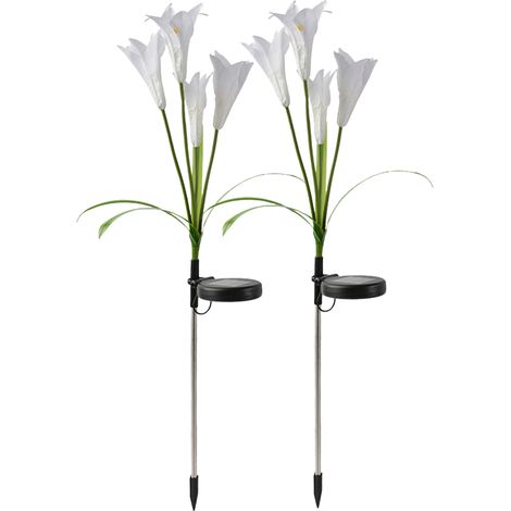 Juego de 2 luces solares con forma de lirio para montar en estacas decorativas. Iluminación LED RGB impermeable para jardín, ideal para entradas de vehículos, césped, jardines y seguridad. (1/5)