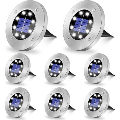 Lampe solaire d'extérieur au sol, 8 LED, étanche IP65, lumière blanche, adaptée aux allées, cours, pelouses, patios et piscines. (1/5)