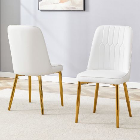 Zwei weiße Kunstleder-Esszimmerstühle: Modernes und minimalistisches Design, ausgestattet mit verbreiterter Sitzfläche, Rückenlehne und rutschfesten Metallfüßen, geeignet für Esszimmer und Küche.
