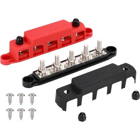 1 Paire Bloc de distribution d'alimentation M8 (5/16 ") à 5 goujons,barre de bus robuste à 5 voies 12-48 V,positif et négatif (1/4)