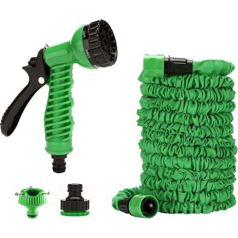 Flexibler Gartenschlauch 15 m (50 Fuß) mit 7-Funktions-Dusche und Schnelladaptern, ausziehbarer Wasserschlauch für den Garten