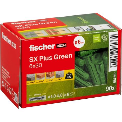 Cheville à quadruple expansion tous matériaux SX Plus Green 6x30 fabriquée à base de matières premières renouvelables/Boîte de 90 (1/5)