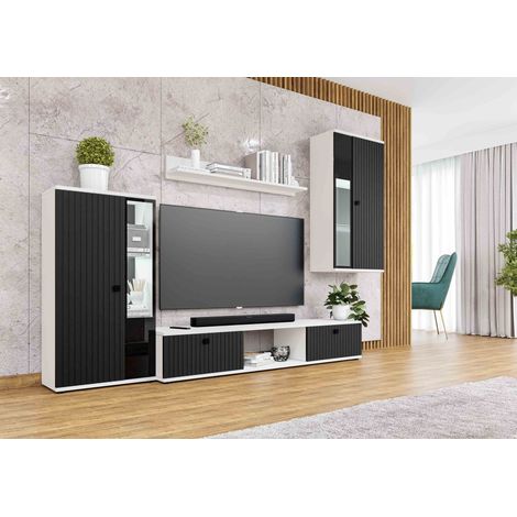 FURNIX Ensemble de Meubles de Salon/Ensemble de Meubles SARAI unité murale 4 parties avec LED 240 x 180 x 40,2 cm blanc noir