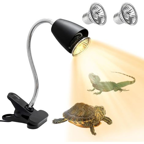 Lampe chauffante tortue pour aquarium reptile, avec 2 lampes UVA+UVB de 50 W pour terrarium reptiles, clip rotatif à 360° et interrupteur à intensité variable, pour reptiles, amphibiens (1/5)