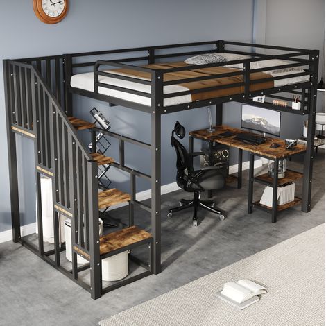 MEUBLIV Hochbett 120x200 cm Schwarz + Dunkelwalnuss – mit Schreibtisch und Stauraum, ohne Matratze (1/5)