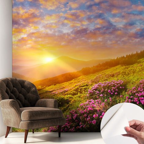 Papier peint adhésif autocollant pour salon chambre à coucher tendance et originale Coucher de soleil en montagne 250x250 cm (1/5)