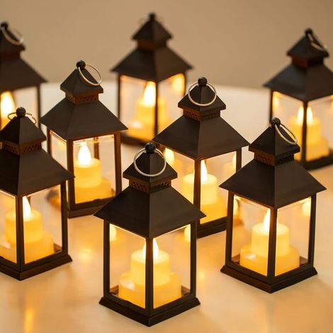 Mini Lanterne LED Noir - Lot de 10 Lanterne Bougie à Suspendre Decorative Bougeoir pour Exterieur Halloween Ramadan Mariage Noel Decoration de Table, Piles Incluses (1/4)