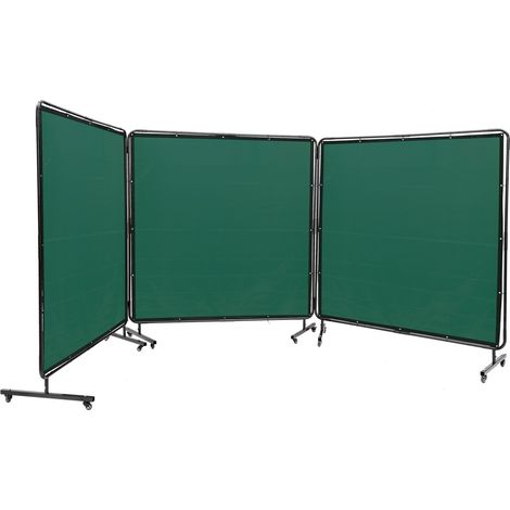 Écran de soudure avec cadre, 182,9 x 182,9 cm, 3 panneaux, rideau ignifuge en vinyle, sur 12 roulettes pivotantes (6 freinables), mobile et professionnel, vert (1/5)