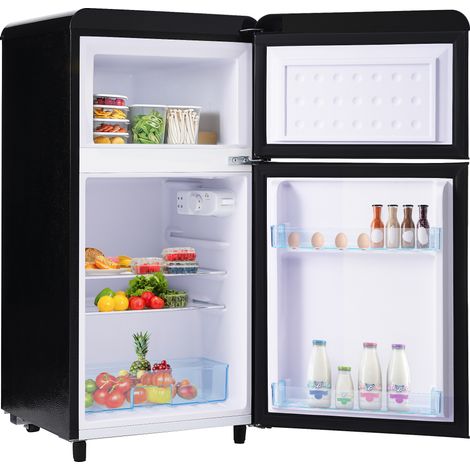 Réfrigérateur style rétro, modèle à deux portes (haut et bas), capacité totale de 72 litres, compartiment congélateur de 21 litres, consommation énergétique de 120 kWh/an, éclairage LED. (1/5)