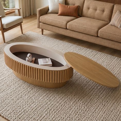Table basse ovale 98x60x35 cm en MDF et placage bois naturel, avec rangement pour salon FloraGrace (1/5)
