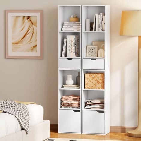 Bibliothèque étagère 6 niveaux, 3 positions réglables, tiroir, porte, 30 x 24 x 158 cm, blanche (1/5)