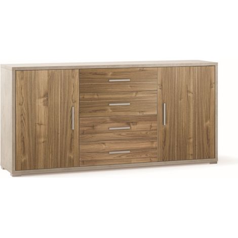 Mueble móvil con 2 puertas y 4 cajones, 174L x 41P x H84 – Acabado en Blanco Opaco y Madera de Nogal – Sarmog