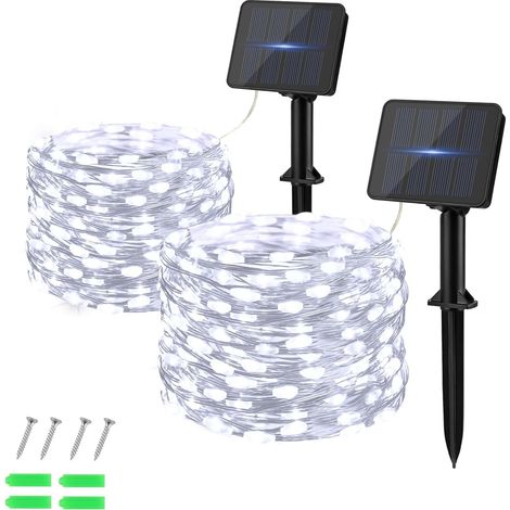 Lot de 2 guirlandes lumineuses solaires d'extérieur - 50 LED - 5 m - Blanc chaud - Résistantes aux intempéries - Fil de cuivre pour jardin, terrasse, cour, arbre, fête, anniversaire, mariage