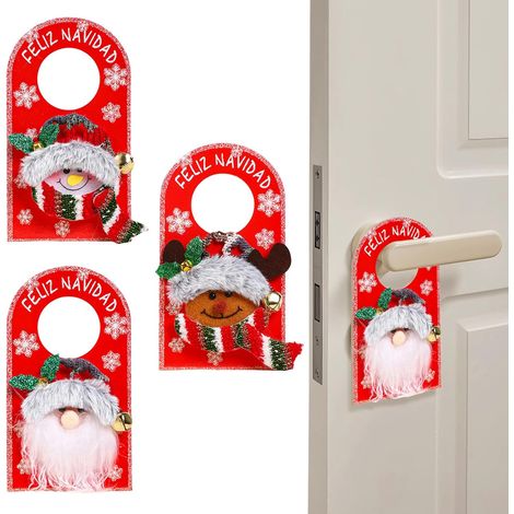 Lot de 3 décorations de poignée de porte de dessin animé de Noël, pendentif en bois à motif de bonhomme de neige et de Père Noël, joli pendentif de poignée de porte de décoration de Noël, adapté à la (1/5)