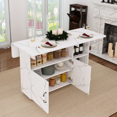 Table pliante mobile 110x70 cm, hauteur 80 cm, 3 en 1, avec rangements et 5 roulettes, MDF blanc (1/5)
