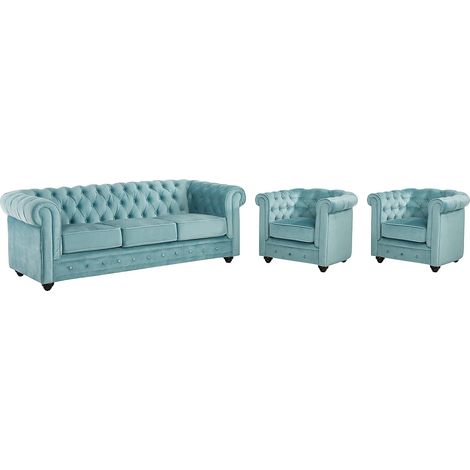 Divano CHESTERFIELD 3 posti e 2 poltrone in velluto Azzuro pastello (1/5)