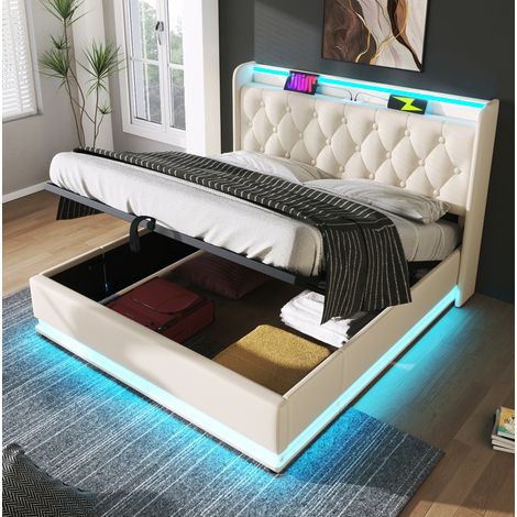 lit coffre 140x190 LED USB-C PU blanc tête de lit HAVRYA (1/5)