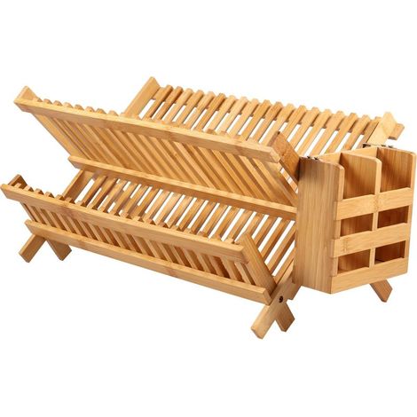 Égouttoir à vaisselle pliable en bambou à double couche avec porte-couverts