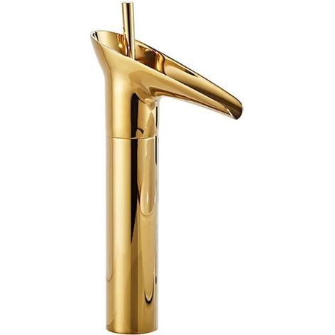 Grifo de lavabo tipo cascada con mango único, montaje sobre encimera, grifo monohole para lavabo de vaso, para agua caliente y fría (Oro, alto) (1/4)