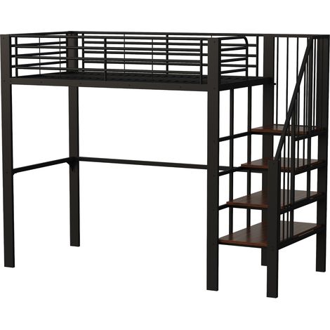 Cama alta de 90 x 200 cm en metal negro con escalera y espacio de almacenaje MODENUIT (1/5)
