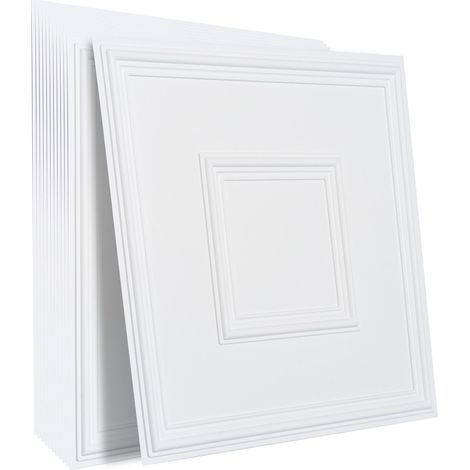Panneaux de Plafond PVC Premium, Lot de 12, 60x60 cm, Pose Facile par Découpe/ Collage, Décoration Murale pour Maison/Bureau, Motif Géométrique Blanc (1/5)