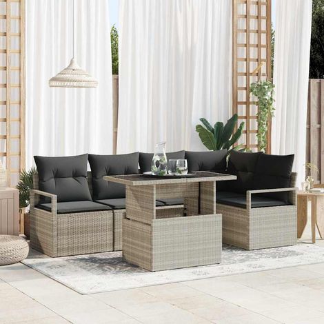 Garten-Sofa-Set mit Kissen 6 pcs Hellgrau Poly-Rattan (1/5)
