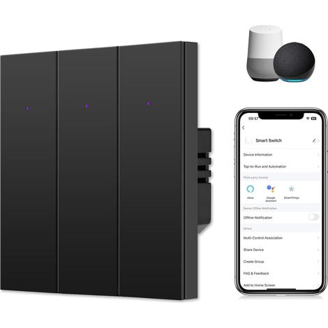 Interrupteur mural intelligent encastré - Noir - Triple interrupteur mural Wi-Fi - Interrupteur WiFi avec LED d'état - Contrôle multiple, minuterie (1/5)