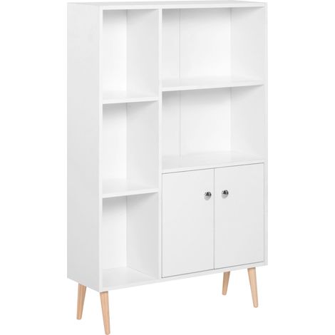GagaBibliothèque scandinave meuble de rangement dim. 80L x 23,5l x 123H cm 5 niches placard 2 portes pieds effilés inclinés bois massif panneaux particules blanc (1/5)